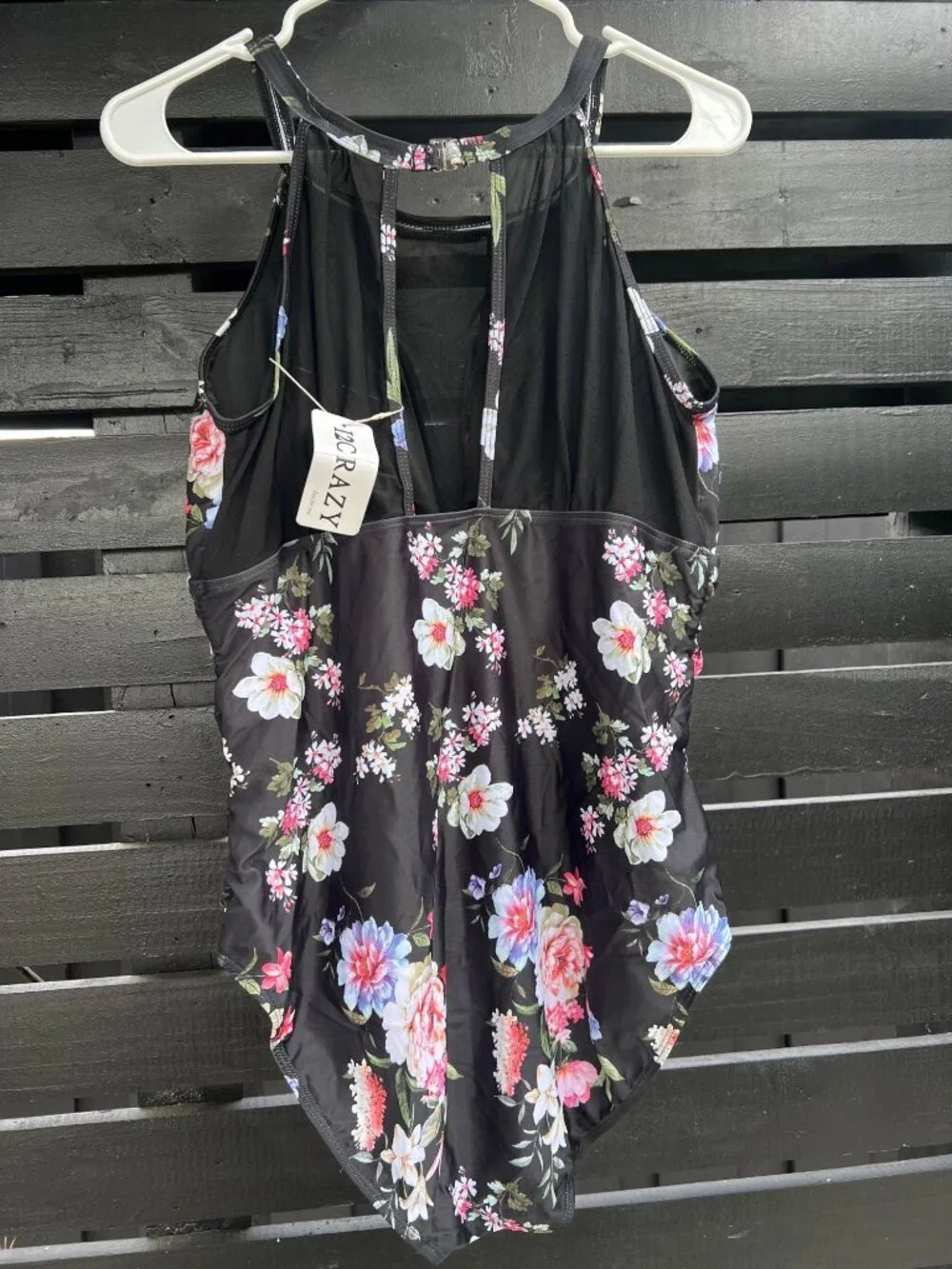 NWT Women’s Black Floral One Piece Swimsuit Mesh Chest Panel See Through Detail